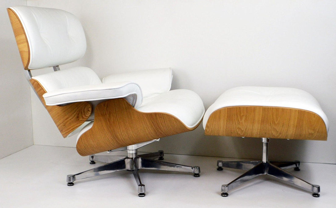 Replica Eames Lounge Chair and Ottoman in tan leather with walnut veneer